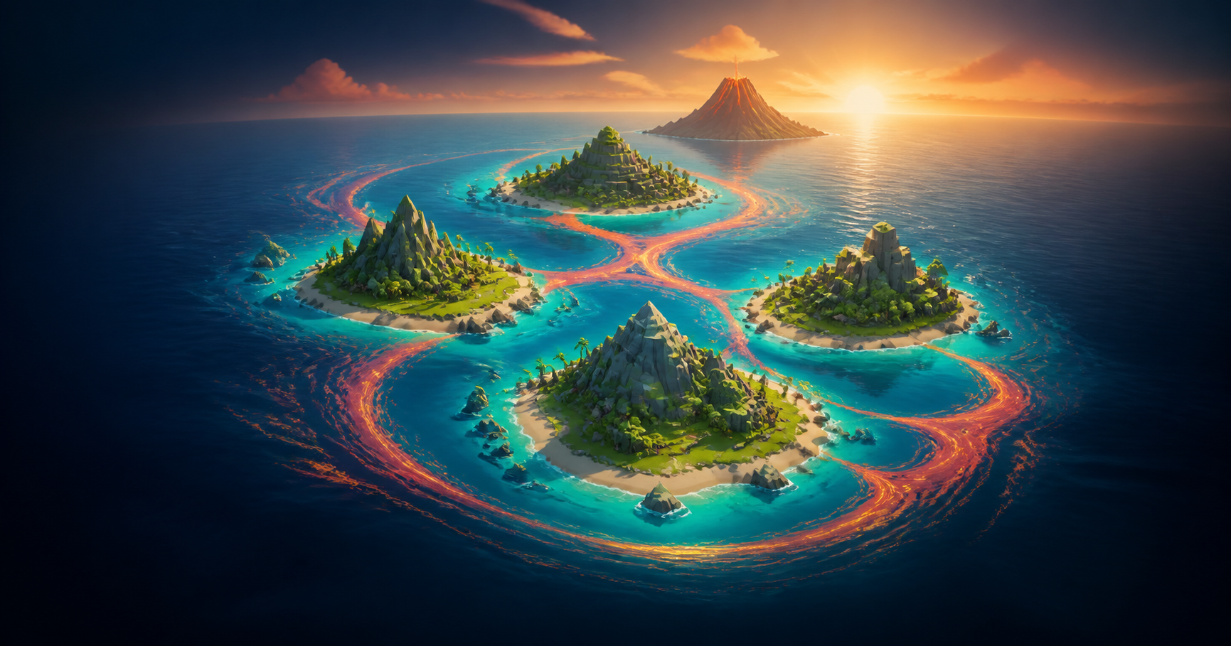 Sunlit islands linked by sea routes across a turquoise ocean